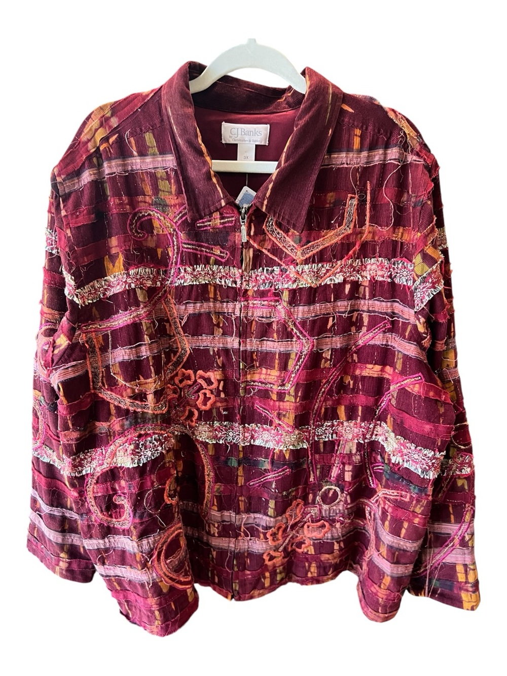 CJ Banks Vintage Textured Zip-Up Jacket | Mixed Fabric Fringe & Embroidery